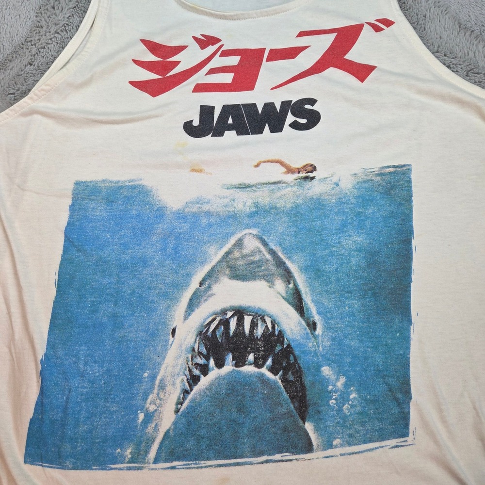 Vintage Jaws Tank Top Men XL Japanese Movie Poster Graphic Tee Japan Shark Beach